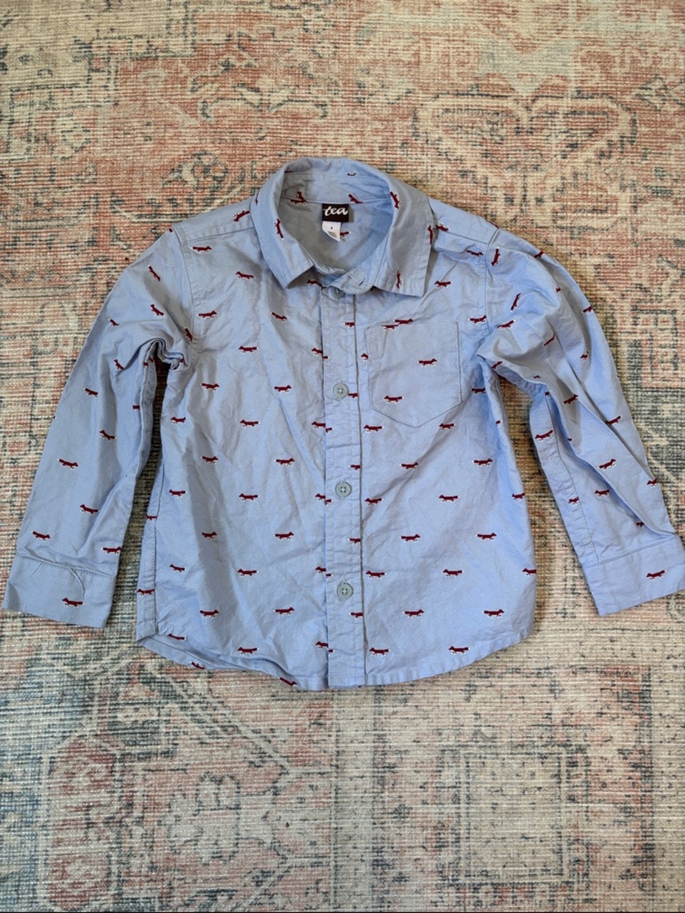 Tea Collection Light Blue Button-Down Shirt with Red Fox Motif Size 3